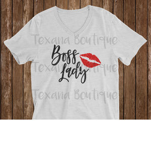 Boss Lady Glitter Lips Glitter Vinyl V Neck Shirt